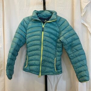 Prana Teal Blue Puffer Jacket with Yellow Logo